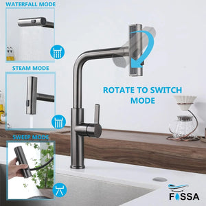 Rainfall Pull Out Triple-Flow 360° Hot & Cold Stainless Steel Kitchen Mixer Faucet Black - Fossa Home