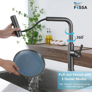 Rainfall Pull Out Triple-Flow 360° Hot & Cold Stainless Steel Kitchen Mixer Faucet Black - Fossa Home
