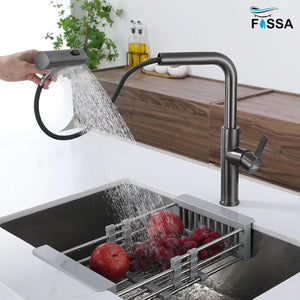 Rainfall Pull Out Triple-Flow 360° Hot & Cold Stainless Steel Kitchen Mixer Faucet Black - Fossa Home