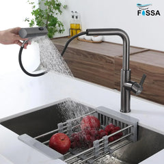 Fossa Pull-Out Kitchen Faucet, Stainless Steel Sink Faucet, Single Lever Rainfall Waterfall Faucet for Sinks, Black