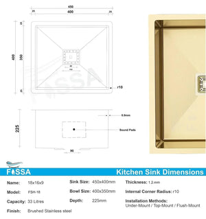 304 Handmade (18 x 16 x 9) Inch Stainless Steel Single Bowl Gold Kitchen Sink - Fossa Home