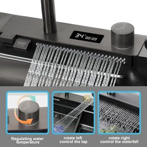 smart piano waterfall kitchen sink, single bowl, design, integrated tap, modern, stainless steel, led, nano honycomb coated, scratch resistant, stylish, workstation, with faucet, multifunction, deep, dishwashing, luxury, easy to clean, anti-stain, modern home,, remodeling, with water flow feature, space saving, contemporary, large capacity, ergonomic, designer, smooth, features, for modern homes, high utility, trending, best, drainage, noise absorption, matte finish, with strainer and accessories, seamless,