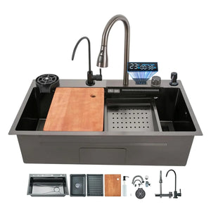 smart piano waterfall kitchen sink, single bowl, design, integrated tap, modern, stainless steel, led, nano honycomb coated, scratch resistant, stylish, workstation, with faucet, multifunction, deep, dishwashing, luxury, easy to clean, anti-stain, modern home,, remodeling, with water flow feature, space saving, contemporary, large capacity, ergonomic, designer, smooth, features, for modern homes, high utility, trending, best, drainage, noise absorption, matte finish, with strainer and accessories, seamless,