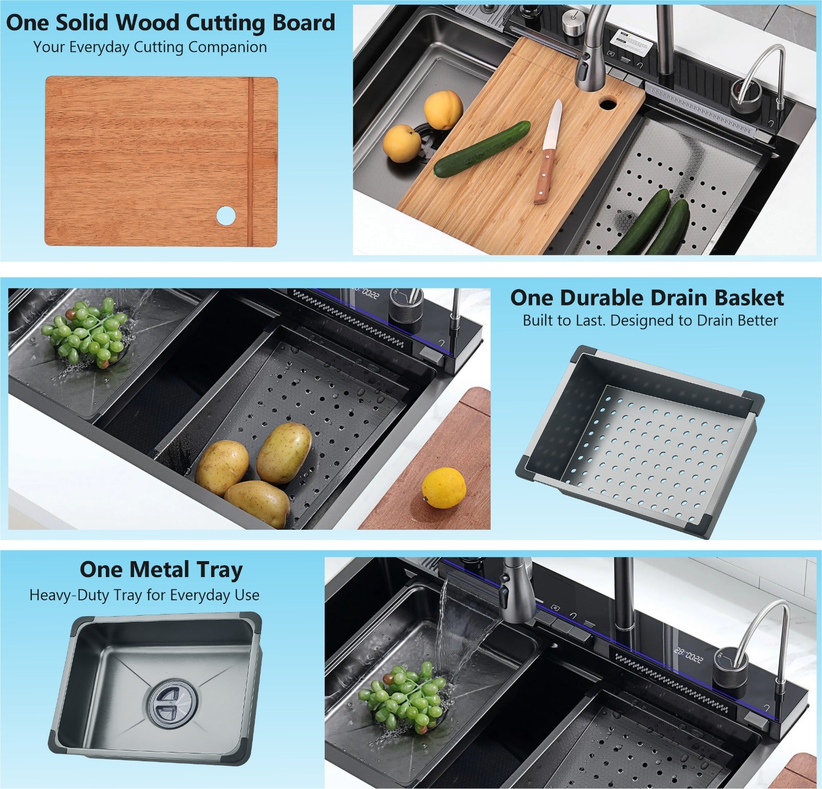 smart piano waterfall kitchen sink, single bowl, design, integrated tap, modern, stainless steel, led, nano honycomb coated, scratch resistant, stylish, workstation, with faucet, multifunction, deep, dishwashing, luxury, easy to clean, anti-stain, modern home,, remodeling, with water flow feature, space saving, contemporary, large capacity, ergonomic, designer, smooth, features, for modern homes, high utility, trending, best, drainage, noise absorption, matte finish, with strainer and accessories, seamle