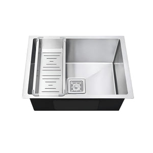 Stainless steel kitchen sink on a white background