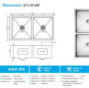 Aqua 304 Handmade Stainless Steel Double Bowl Sink 37"x18"x9" – Silver