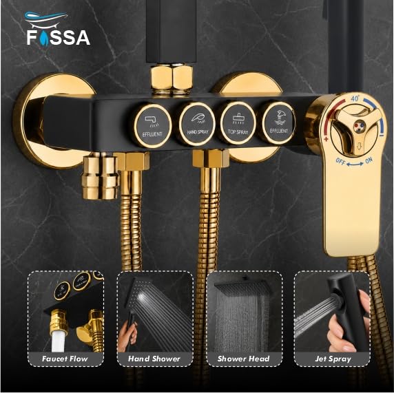 Fossa Aspire Thermostatic Shower Panel Set – Rainfall & Waterfall, Matte Black, Wall Mounted, 4-Function Hand Shower, Brass Body, 2-Year Warranty