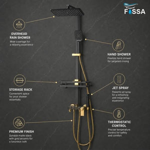 Fossa Aspire Shower Black Gold Wall Mounted 4-Function Brass - Fossa Home
