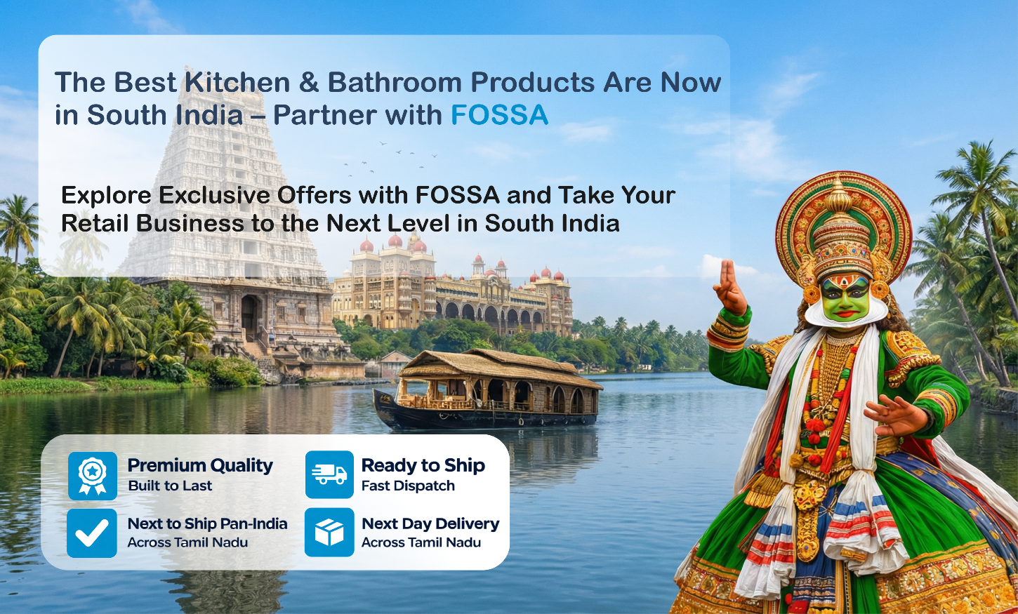 Promotional image with a traditional South Indian dancer and FOSSA branding, set against a scenic backdrop.