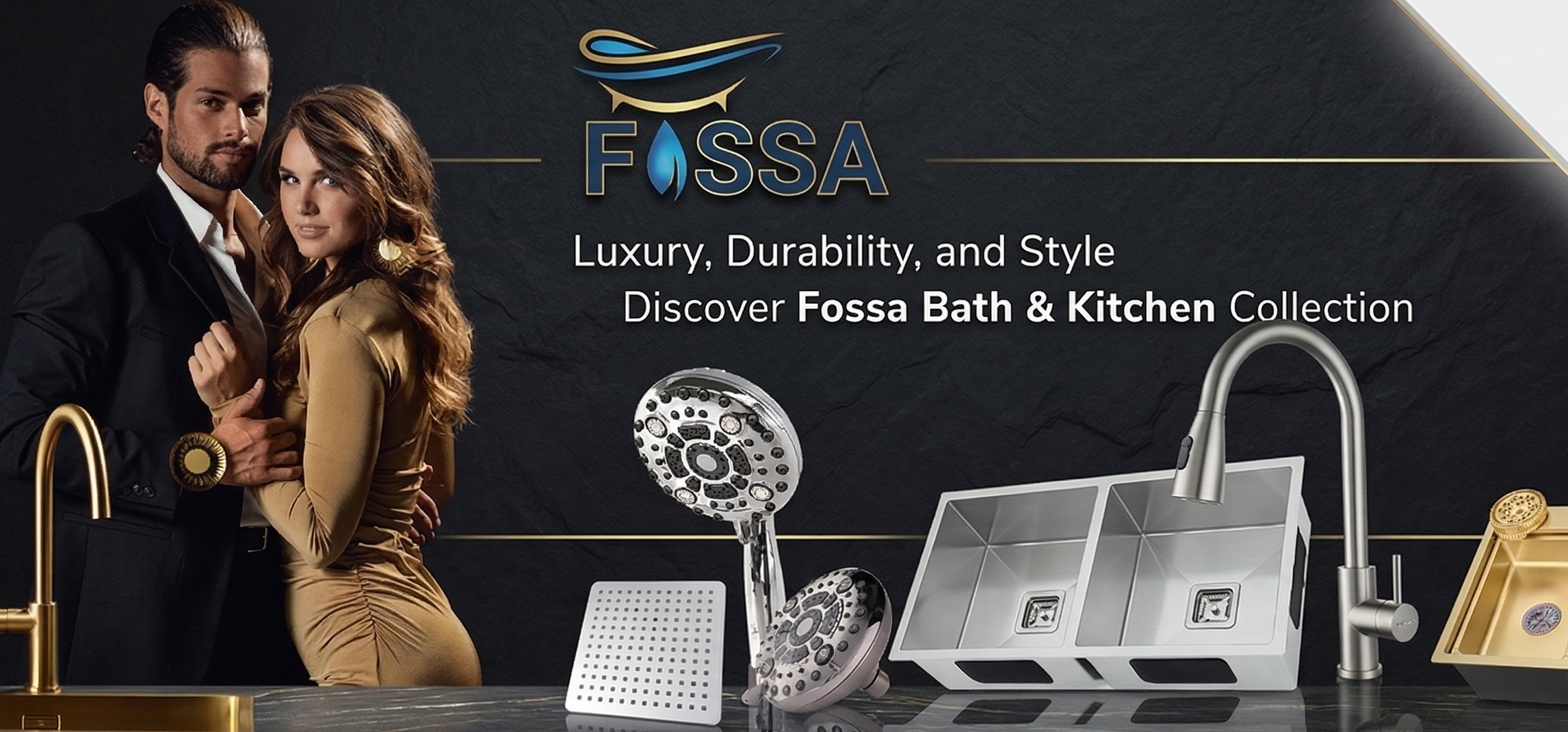Advertisement for Fossa bath and kitchen collection featuring a couple and kitchen fixtures.
