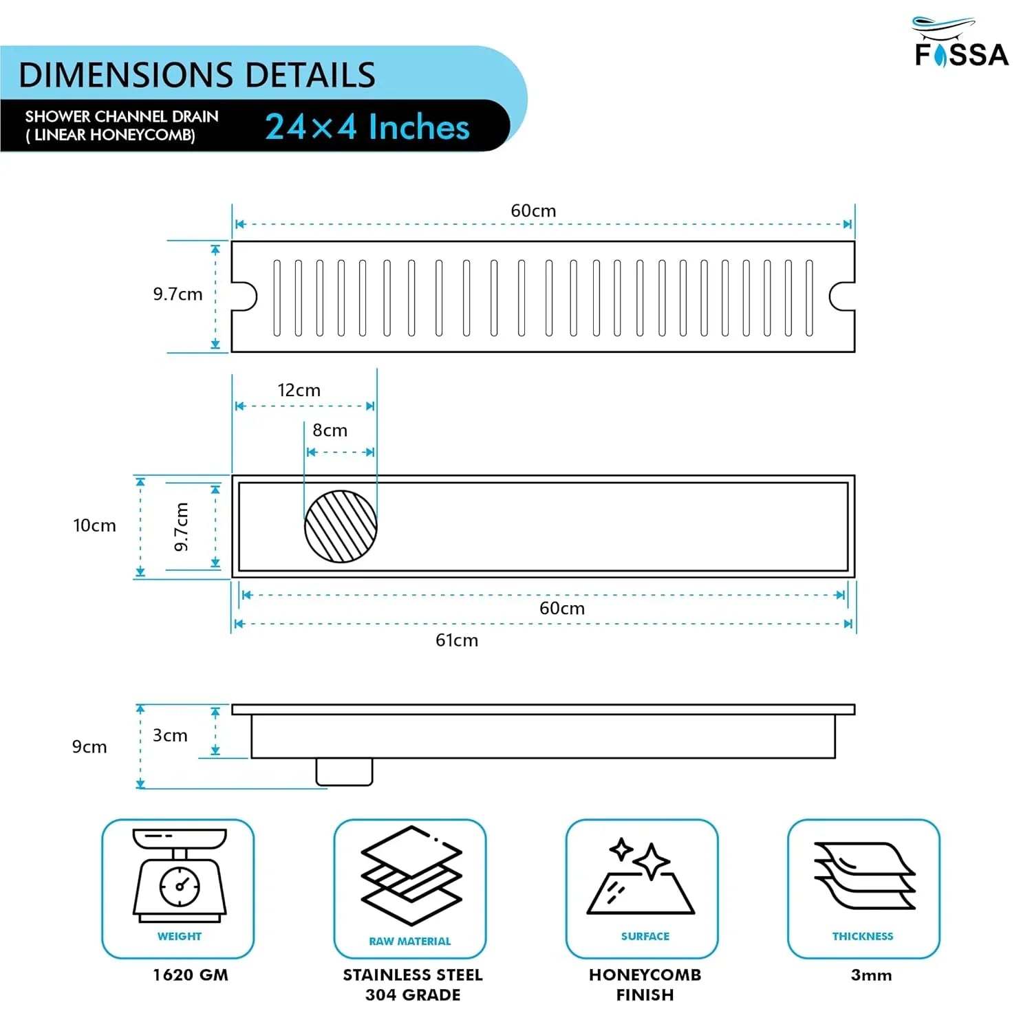 Linear (24 x 4 Inches) Honeycomb Shower Drain Channel AISI 304 Stainless Steel - Fossa Home