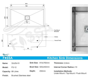 Premium Handmade (32 x 20 x 10) Inch Stainless Steel Single Bowl Silver Kitchen Sink - Fossa Home