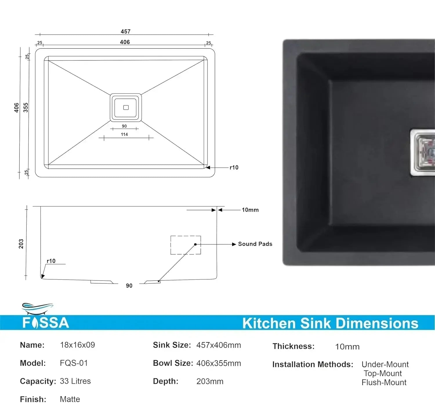 Quartz (18x16x09) Inch Single Bowl Kitchen Sink Black – Strong, Scratch-Resistant - Fossa Home