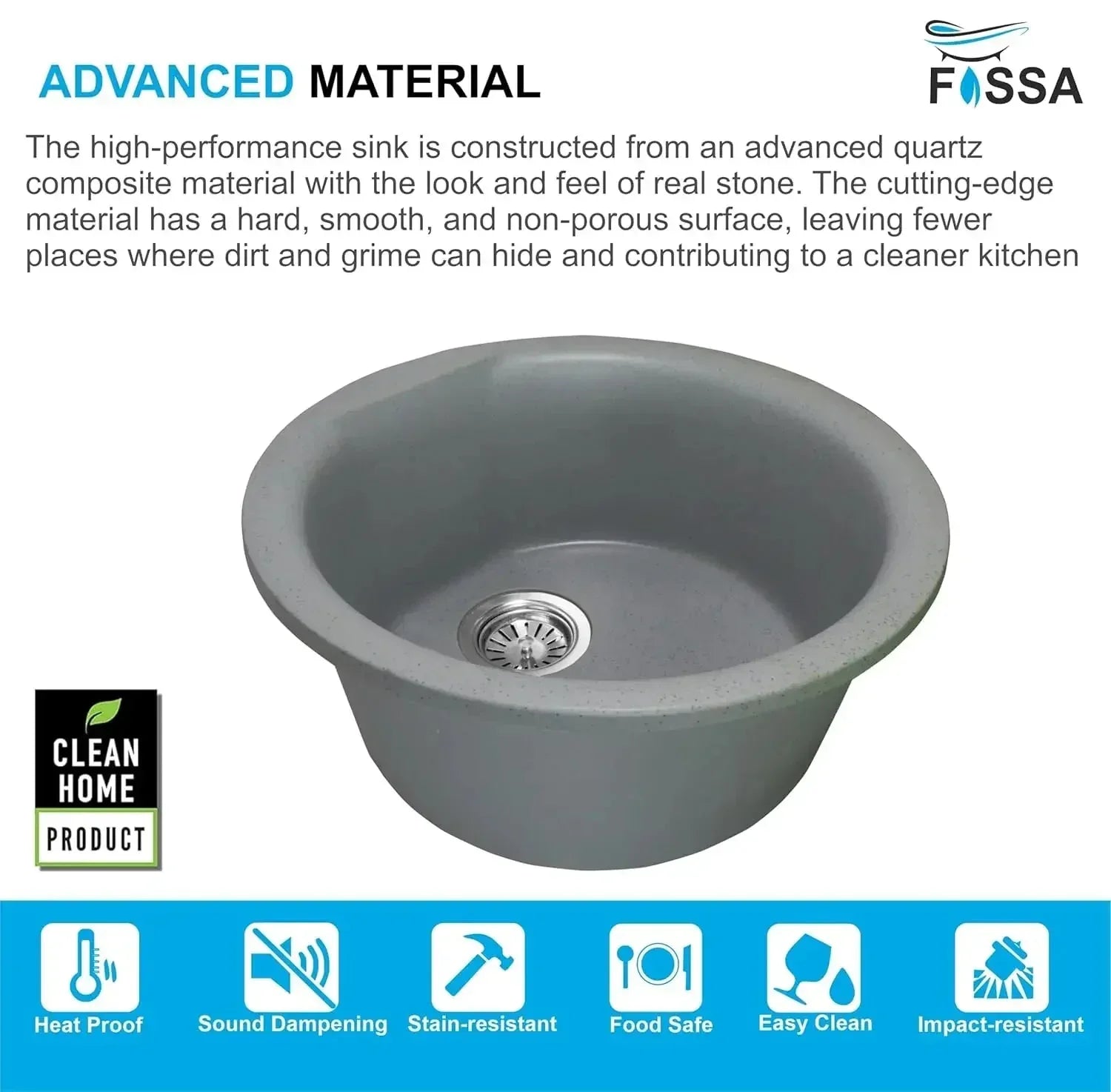 Quartz (18x18x8)Inch Single Bowl Round Kitchen Sink Grey– Strong, Scratch-Resistant - Fossa Home