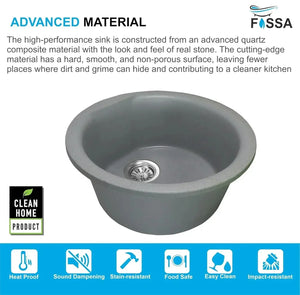 Quartz (18x18x8)Inch Single Bowl Round Kitchen Sink Grey– Strong, Scratch-Resistant - Fossa Home
