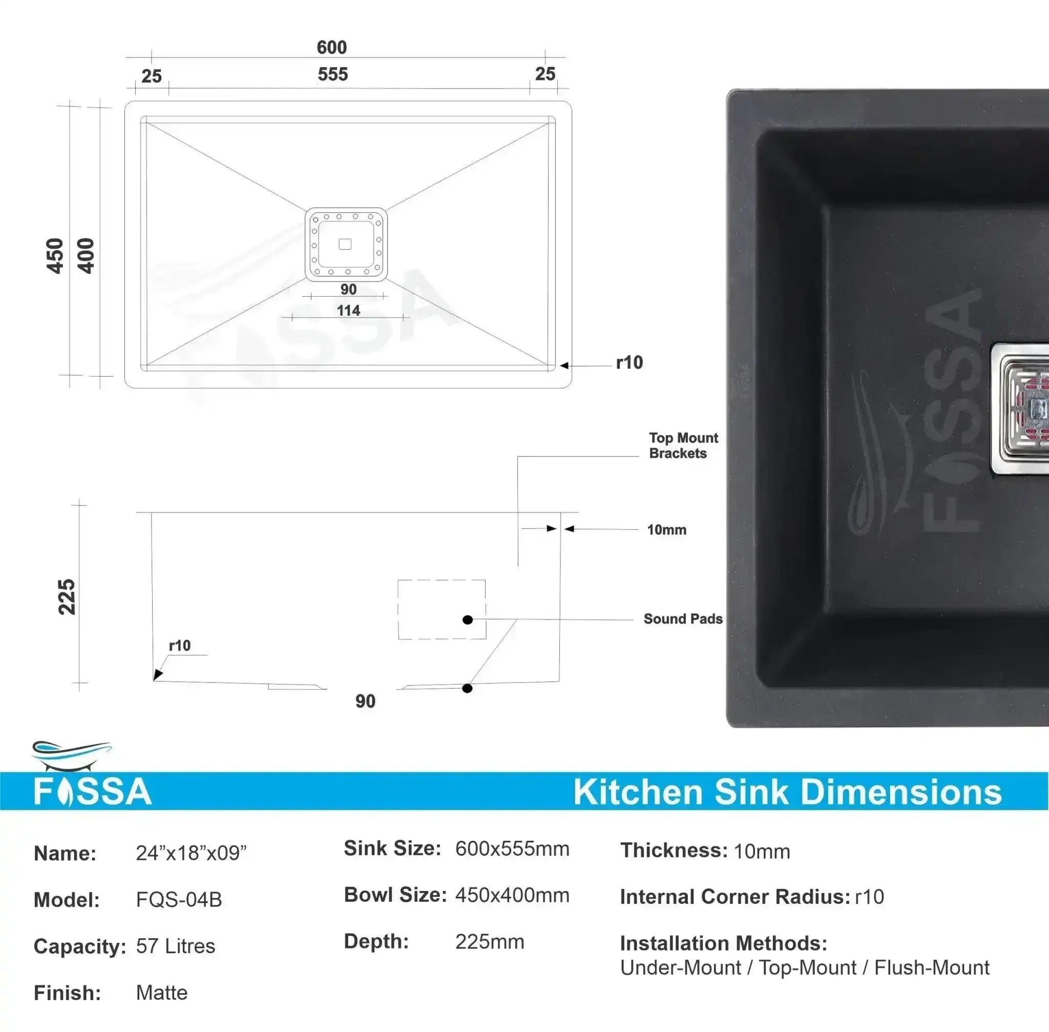 Quartz (24x18x9) Inch Single Bowl Kitchen Sink Black– Strong, Scratch-Resistant - Fossa Home