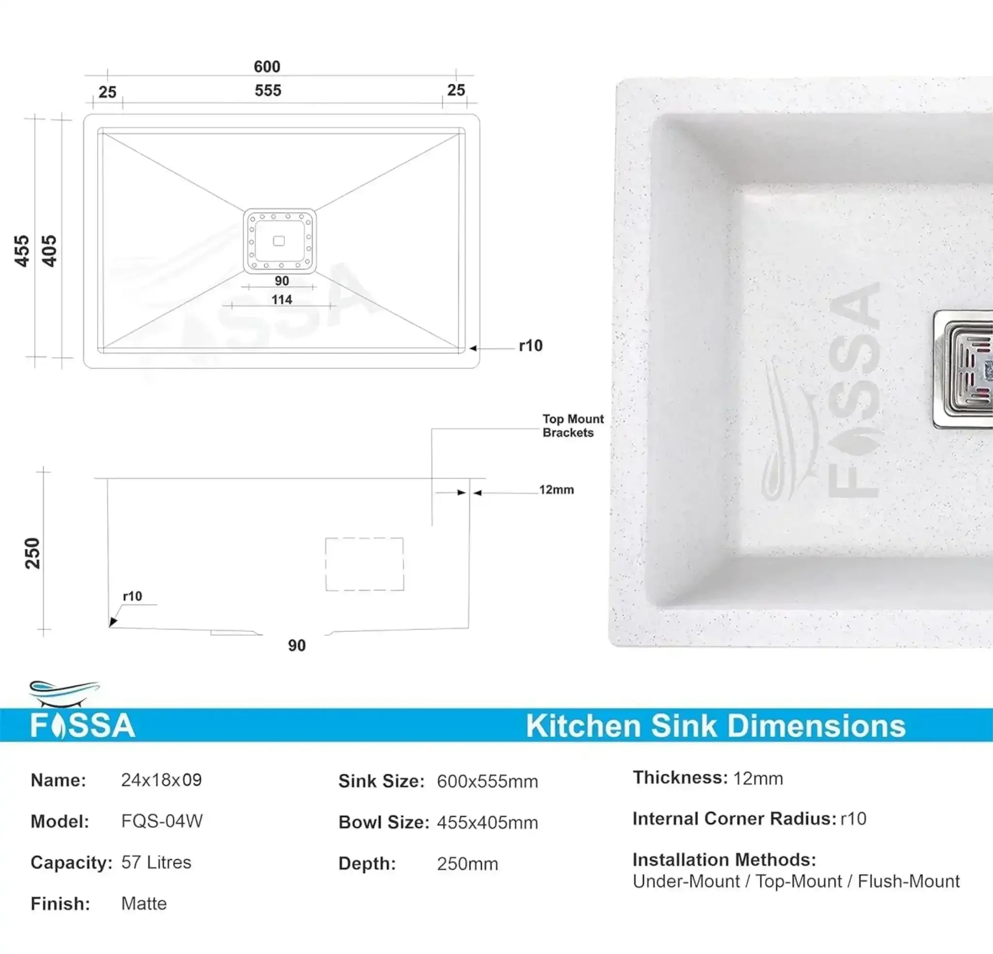 Quartz (24x18x9) Inch Single Bowl Kitchen Sink White – Strong, Scratch-Resistant - Fossa Home