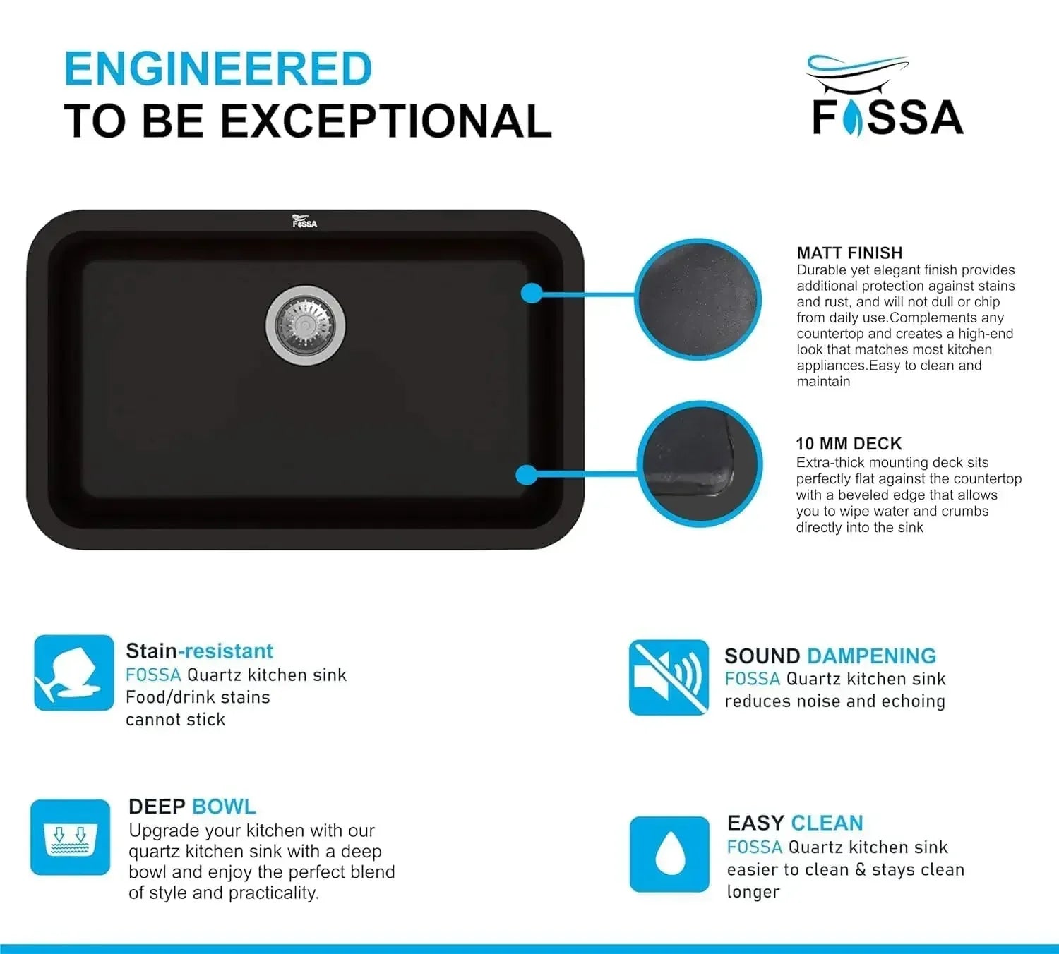 Quartz (30x19x9) Inch Single Bowl Kitchen Sink Black – Strong, Scratch-Resistant - Fossa Home