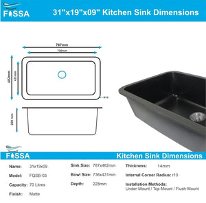 Quartz (31x19x9) Inch Single Bowl Kitchen Sink Black – Strong, Scratch-Resistant - Fossa Home