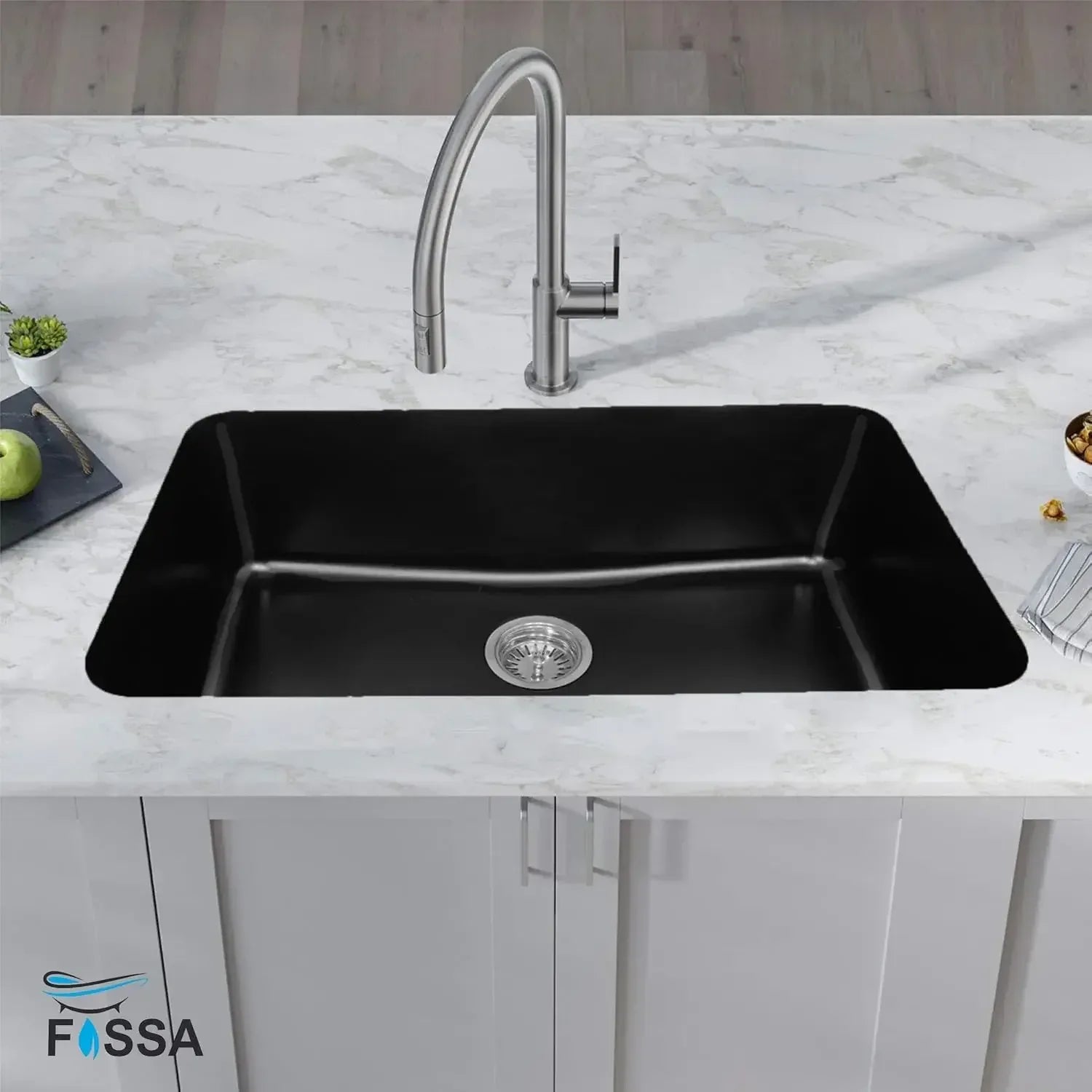 Quartz (31x19x9) Inch Single Bowl Kitchen Sink Black – Strong, Scratch-Resistant - Fossa Home