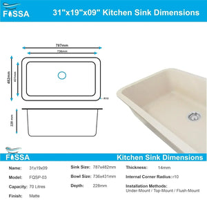 Quartz (31x19x9) Inch Single Bowl Kitchen Sink Peach Ivory– Strong, Scratch-Resistant - Fossa Home