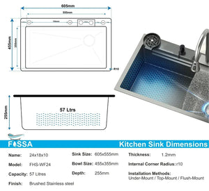 Smart Waterfall (24 x 18 x 10 ) 304 Stainless Steel Kitchen Sink Black - Fossa Home
