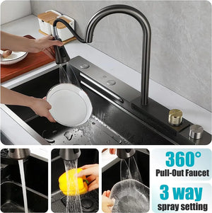 smart waterfall kitchen sink, single bowl, design, integrated tap, modern, stainless steel, led, nano honycomb coated, scratch resistant, stylish, workstation, with faucet, multifunction, deep, dishwashing, luxury, easy to clean, anti-stain, modern home,, remodeling, with water flow feature, space saving, contemporary, large capacity, ergonomic, designer, smooth, features, for modern homes, high utility, trending, best, drainage, noise absorption, matte finish, with strainer and accessories, seamless,