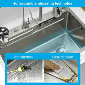 smart waterfall kitchen sink, single bowl, design, integrated tap, modern, stainless steel, led, nano honycomb coated, scratch resistant, stylish, workstation, with faucet, multifunction, deep, dishwashing, luxury, easy to clean, anti-stain, modern home,, remodeling, with water flow feature, space saving, contemporary, large capacity, ergonomic, designer, smooth, features, for modern homes, high utility, trending, best, drainage, noise absorption, matte finish, with strainer and accessories, seamless,