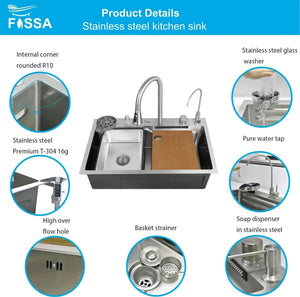 Smart Waterfall (24 x 18 x 9) Inch 304 Stainless Steel Kitchen Sink Silver - Fossa Home