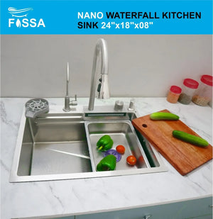 smart waterfall kitchen sink, single bowl, design, integrated tap, modern, stainless steel, led, nano honycomb coated, scratch resistant, stylish, workstation, with faucet, multifunction, deep, dishwashing, luxury, easy to clean, anti-stain, modern home,, remodeling, with water flow feature, space saving, contemporary, large capacity, ergonomic, designer, smooth, features, for modern homes, high utility, trending, best, drainage, noise absorption, matte finish, with strainer and accessories, seamless,