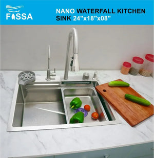 Smart Waterfall (24 x 18 x 9) Inch 304 Stainless Steel Kitchen Sink Silver - Fossa Home