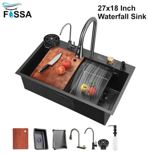 Smart Waterfall (27 x18 x 10) Inch Premium Stainless Steel Kitchen Sink Black - Fossa Home