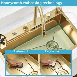 smart waterfall kitchen sink, single bowl, design, integrated tap, modern, stainless steel, led, nano honycomb coated, scratch resistant, stylish, workstation, with faucet, multifunction, deep, dishwashing, luxury, easy to clean, anti-stain, modern home,, remodeling, with water flow feature, space saving, contemporary, large capacity, ergonomic, designer, smooth, features, for modern homes, high utility, trending, best, drainage, noise absorption, matte finish, with strainer and accessories, seamless,