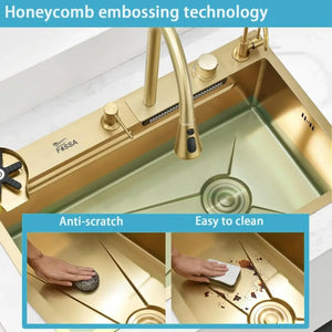 Smart Waterfall (30"x18"x10") Inch 304 Stainless Steel Kitchen Sink Gold - Fossa Home