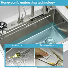 smart waterfall kitchen sink, single bowl, design, integrated tap, modern, stainless steel, led, nano honycomb coated, scratch resistant, stylish, workstation, with faucet, multifunction, deep, dishwashing, luxury, easy to clean, anti-stain, modern home,, remodeling, with water flow feature, space saving, contemporary, large capacity, ergonomic, designer, smooth, features, for modern homes, high utility, trending, best, drainage, noise absorption, matte finish, with strainer and accessories, seamless,