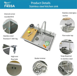 Smart Waterfall (30 x 18 x 10) Inch 304 Stainless Steel Smart Waterfall Kitchen Sink Silver - Fossa Home