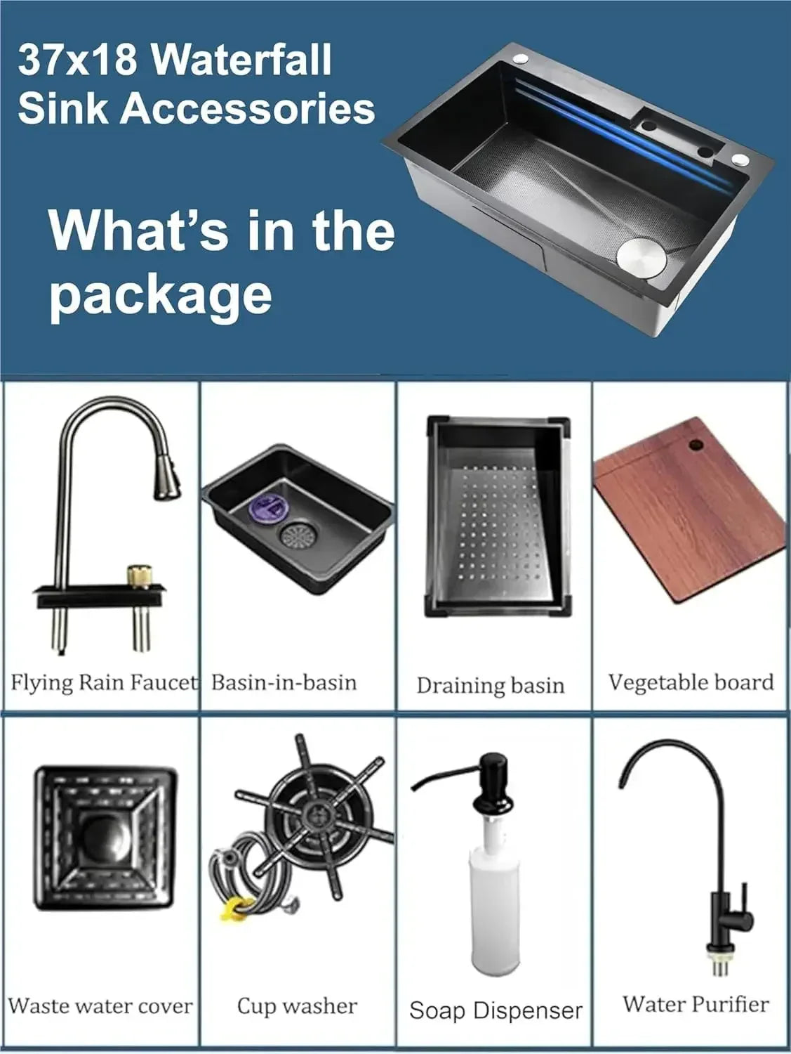 smart waterfall kitchen sink, single bowl, design, integrated tap, modern, stainless steel, led, nano honycomb coated, scratch resistant, stylish, workstation, with faucet, multifunction, deep, dishwashing, luxury, easy to clean, anti-stain, modern home,, remodeling, with water flow feature, space saving, contemporary, large capacity, ergonomic, designer, smooth, features, for modern homes, high utility, trending, best, drainage, noise absorption, matte finish, with strainer and accessories, seamless,