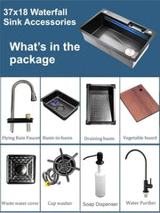 smart waterfall kitchen sink, single bowl, design, integrated tap, modern, stainless steel, led, nano honycomb coated, scratch resistant, stylish, workstation, with faucet, multifunction, deep, dishwashing, luxury, easy to clean, anti-stain, modern home,, remodeling, with water flow feature, space saving, contemporary, large capacity, ergonomic, designer, smooth, features, for modern homes, high utility, trending, best, drainage, noise absorption, matte finish, with strainer and accessories, seamless,