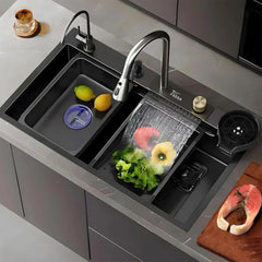 smart waterfall kitchen sink, single bowl, design, integrated tap, modern, stainless steel, led, nano honycomb coated, scratch resistant, stylish, workstation, with faucet, multifunction, deep, dishwashing, luxury, easy to clean, anti-stain, modern home,, remodeling, with water flow feature, space saving, contemporary, large capacity, ergonomic, designer, smooth, features, for modern homes, high utility, trending, best, drainage, noise absorption, matte finish, with strainer and accessories, seamless,
