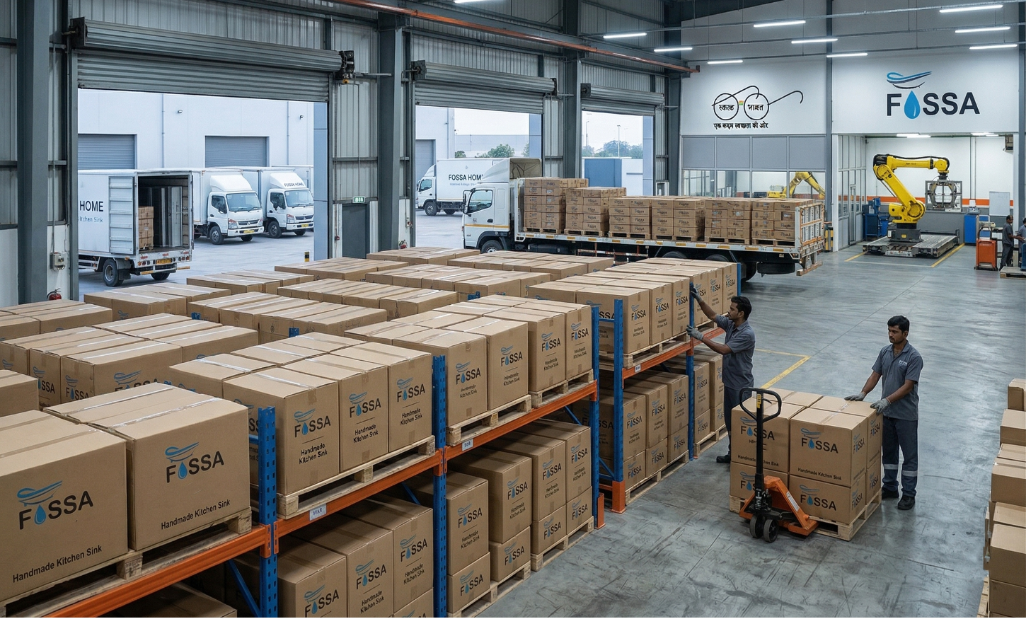 Warehouse with Fossa boxes and workers, featuring the Fossa logo.