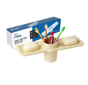 Ivory Double Soap Dish with Glass Unbreakable Abs Triangular Ceramic Finish (RM-119) - Fossa Home