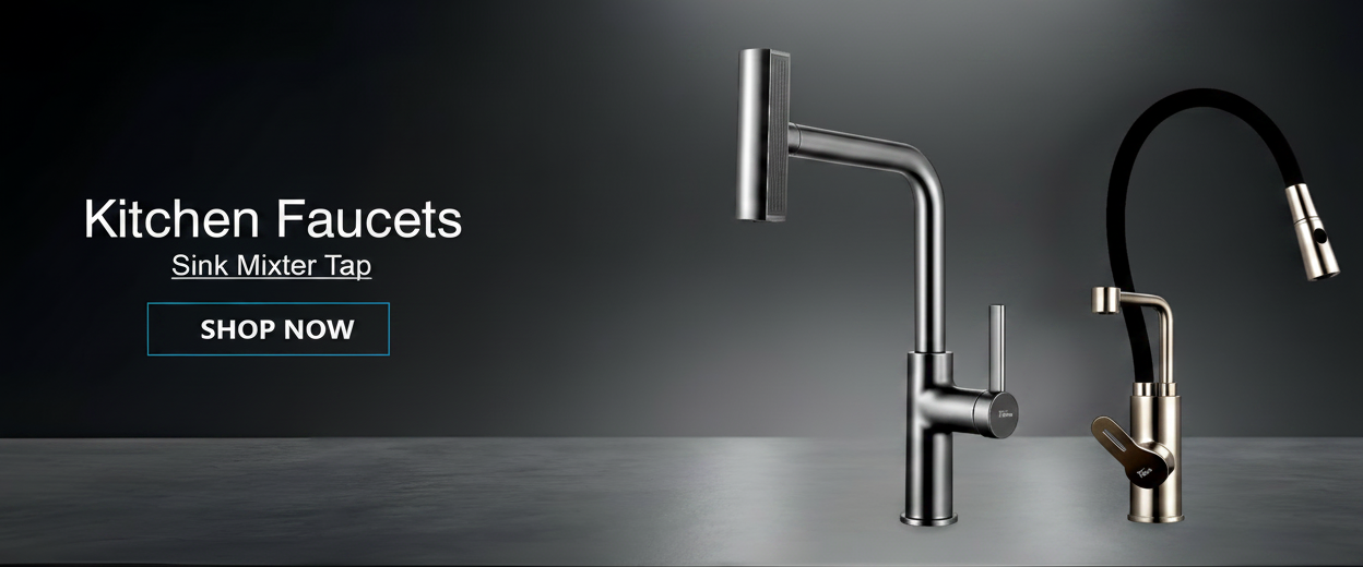 Chrome kitchen faucet set on a dark background with 'Shop Now' button.