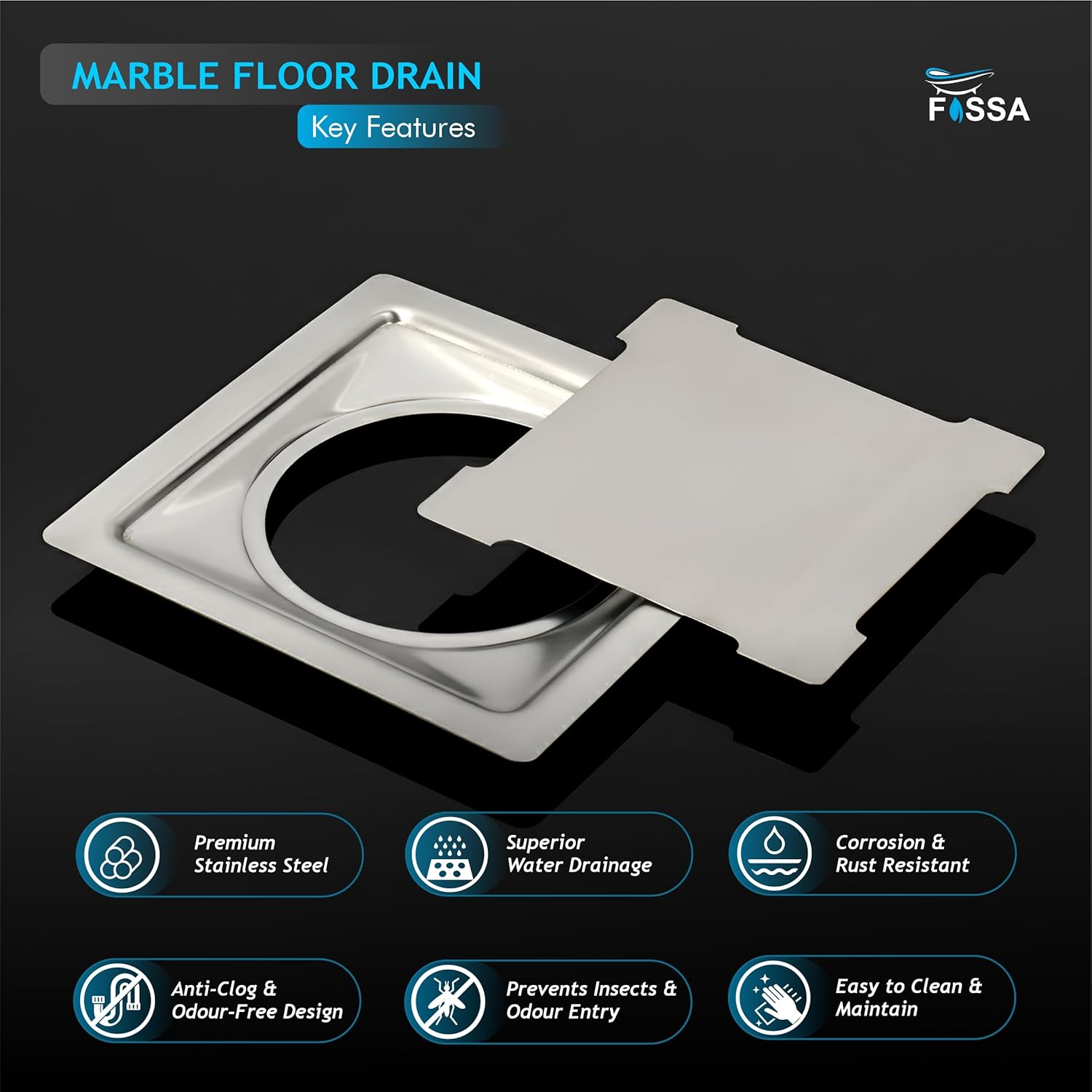 Marble Floor Drain (5 x 5 Inches) 304-Grade Stainlees Steel