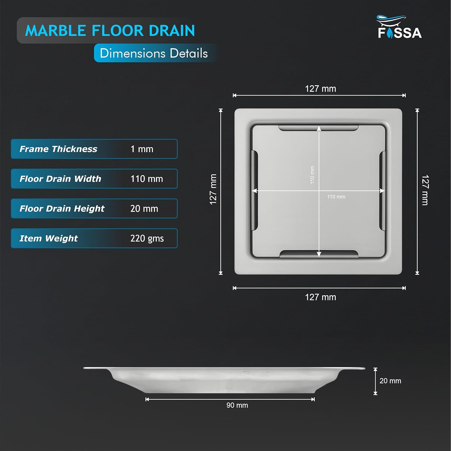 Marble Floor Drain (5 x 5 Inches) 304-Grade Stainlees Steel - Fossa Home