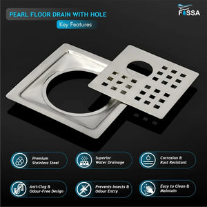Pearl Floor Drain (5 x 5 Inches) Premium Stainlees Steel With Hole - Fossa Home