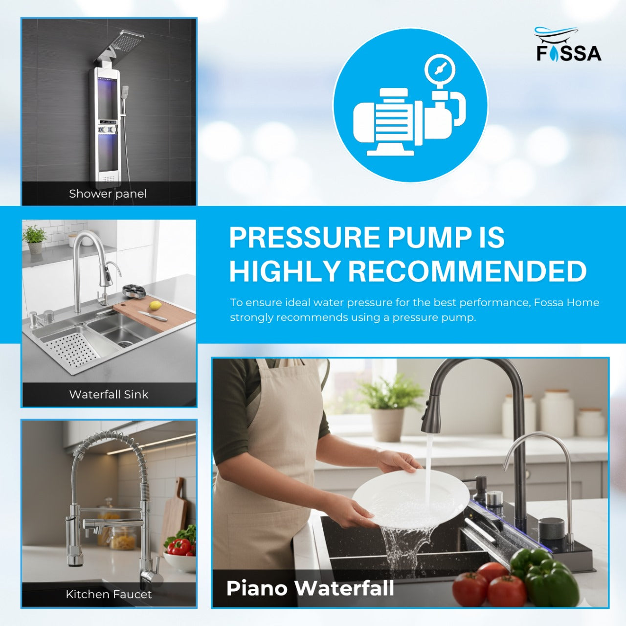 Advertisement for Fossa home products with images of a shower panel, kitchen faucet, and person washing dishes.