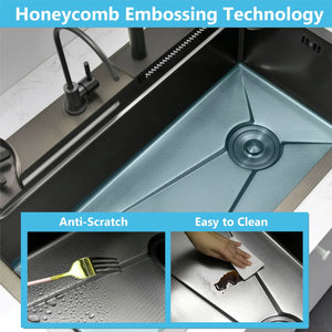 Smart Waterfall (30 x 18 x 10) Inch 304 Stainless Steel Kitchen Sink Black - Fossa Home