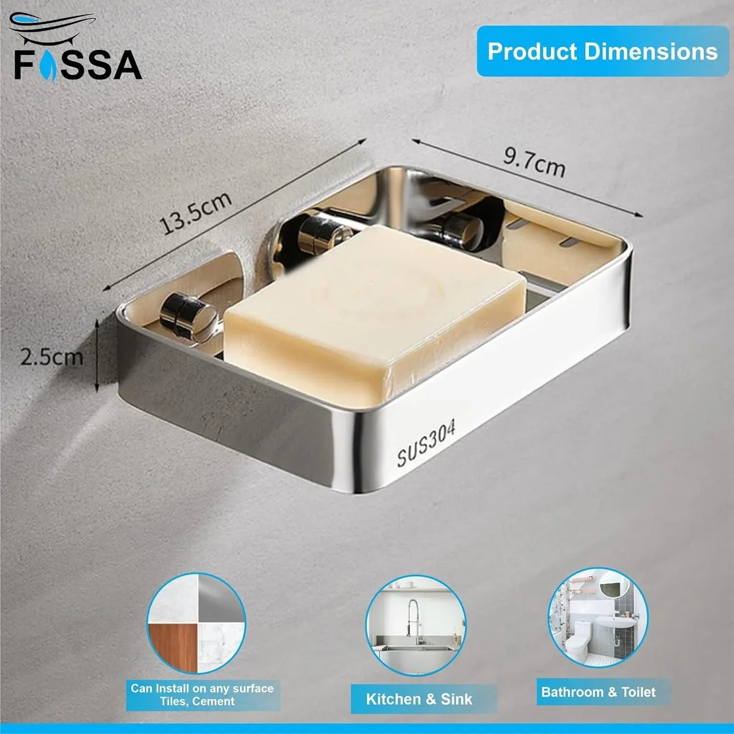 Square Stainless Steel Wall Mounted Soap Dish – Matte Silver - Fossa Home