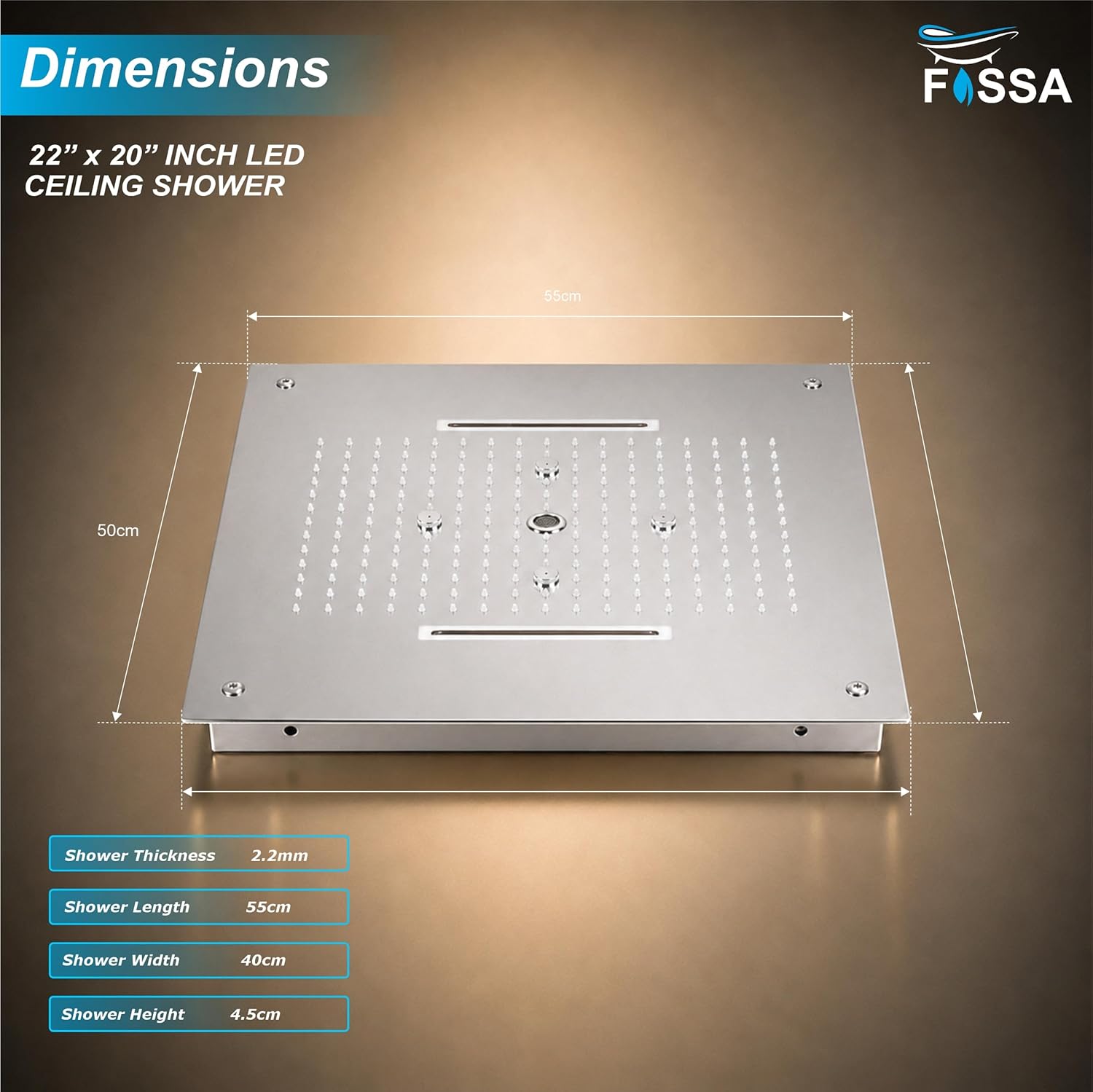 304 Stainless Steel Ceiling Overhead Shower With LED (22 x 20 Inch)
