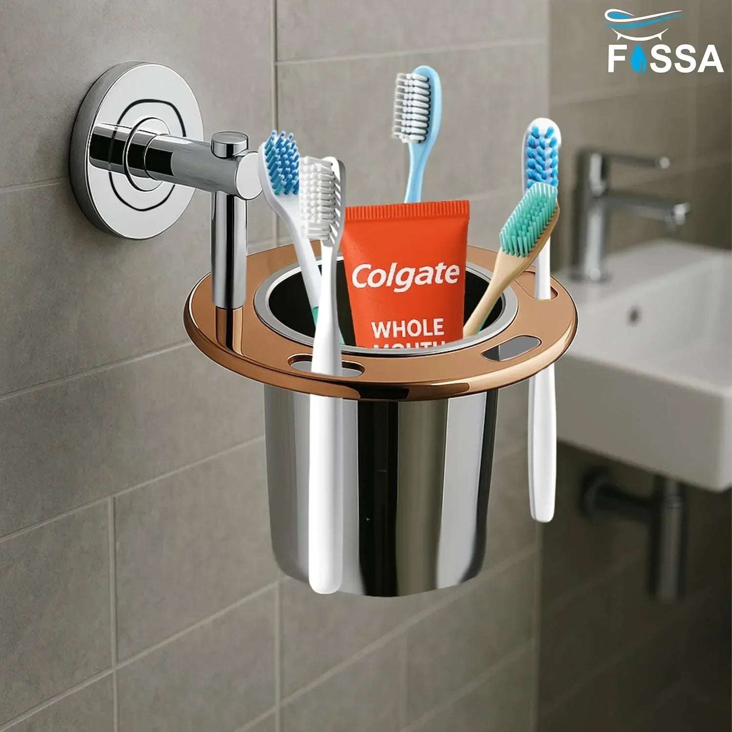 Stainless Steel Wall Mounted Brush & Tumbler Holder Rose-Gold-Silver - Fossa Home